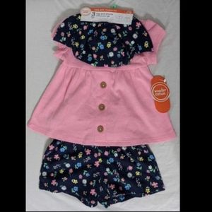 BABY GIRL PINK & BLUE 3 PC SET FLORAL OUTFIT(TOP & SHORTS WITH BUCKET HAT),NEW